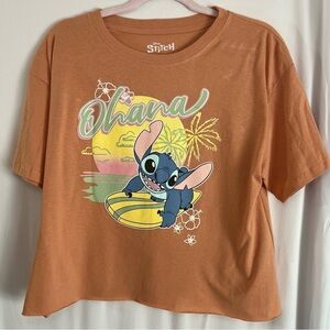 DISNEY, STITCH TEE SHIRT, Logo Front & Back, Adult L, Peach/Coral, Cropped Ohana